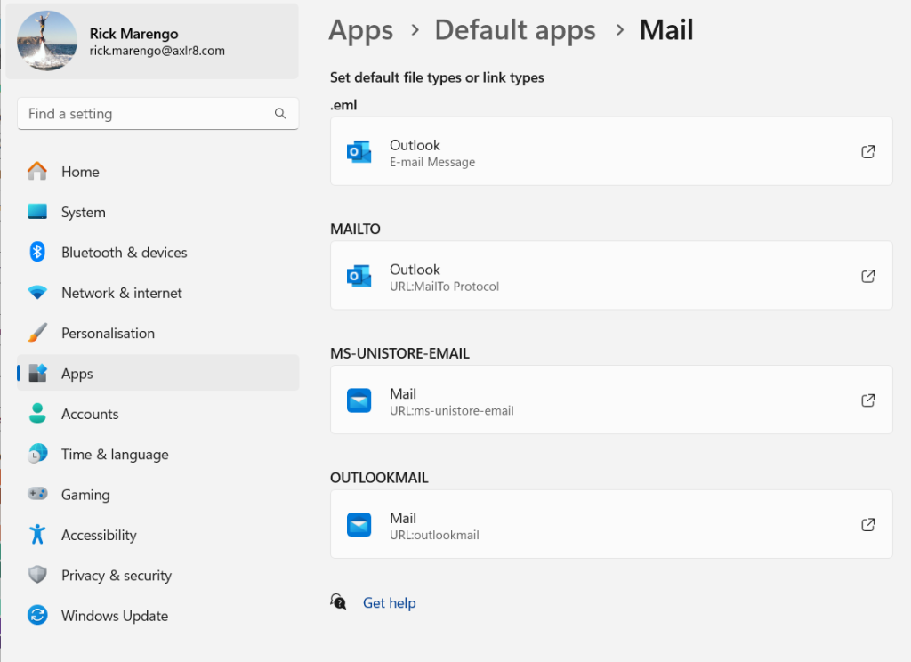 Choose default Mail App for sending mail from AXLR8 on your Windows PC.